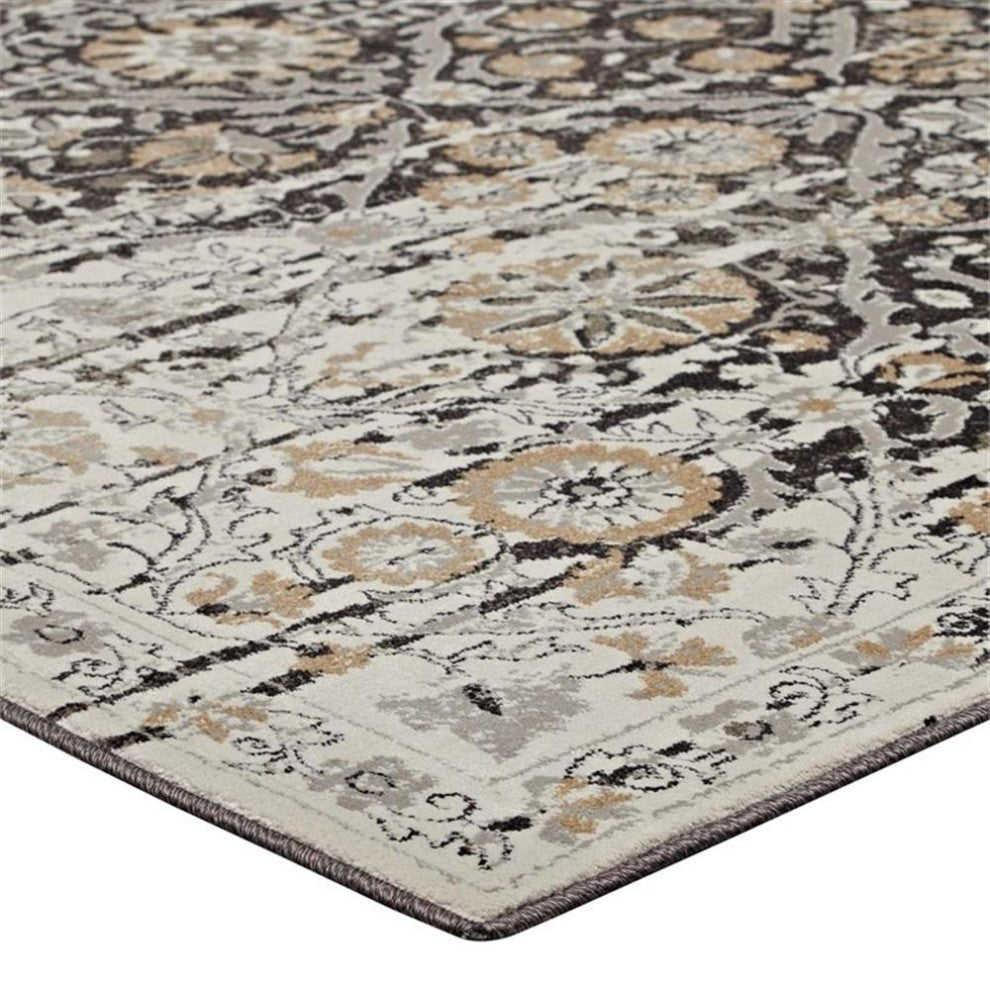 Ganesa Distressed Diamond Floral Lattice 5x8 Area Rug in Black and Beige
