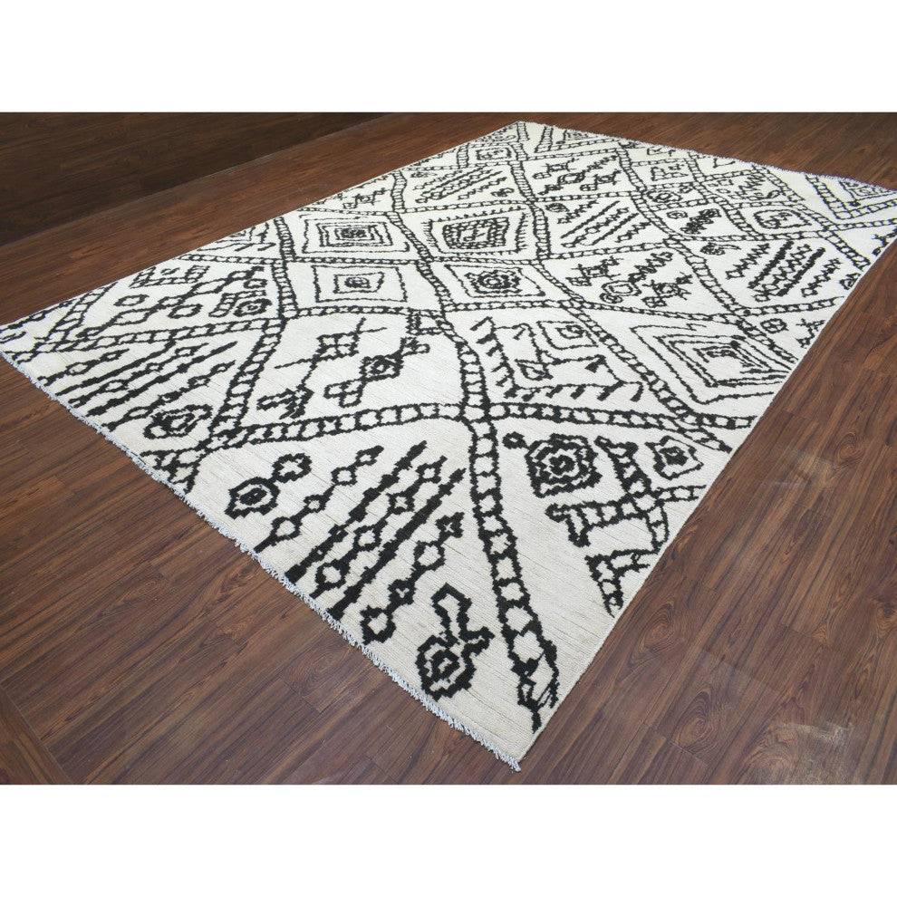 Ivory, Hand Knotted Boujaad Moroccan Berber Soft Organic Wool Rug, 9'10"x13'8"