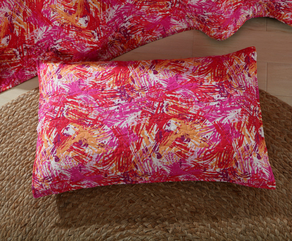 DaDa Bedding Hawaiian Reversible Multi Pink Orange Quilt Coverlet Bedspread Set,