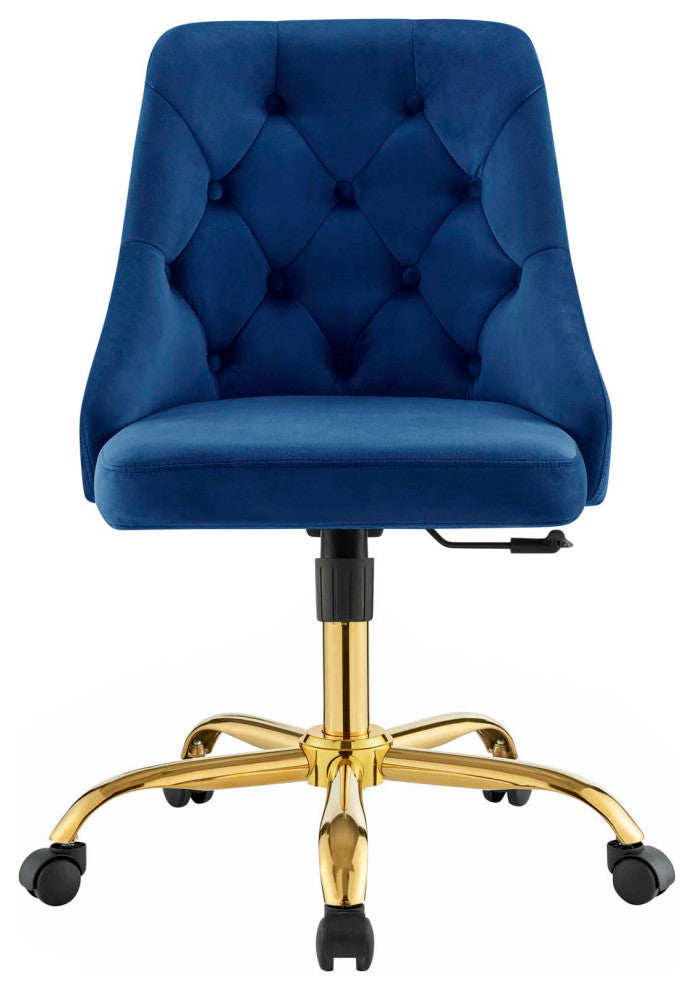 Computer Desk Swivel Tufted Chair, Velvet, Gold Blue Navy, Modern, Home Office