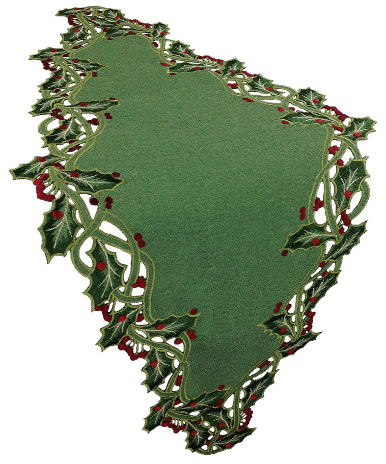 Holiday Holly Embroidered Cutwork Table Runner, Green, 16x34