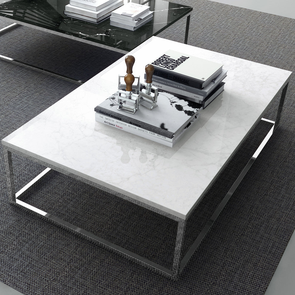 Modern Square Marble Top Coffee Table, Black Marble/Chrome Legs
