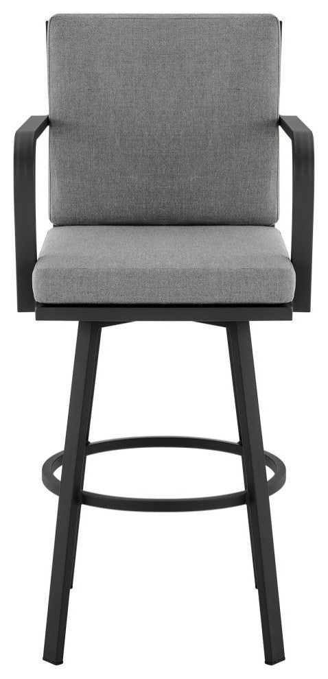 Don 30" Outdoor Patio Bar Stool, Black Aluminum With Gray Cushions, Black