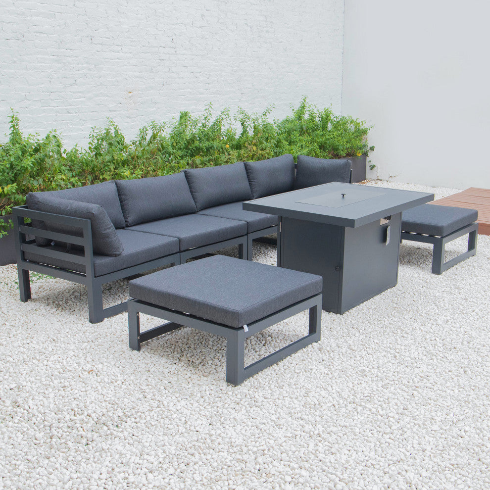 LeisureMod Chelsea 7-Piece Outdoor Sectional With Fire Pit Table, Black