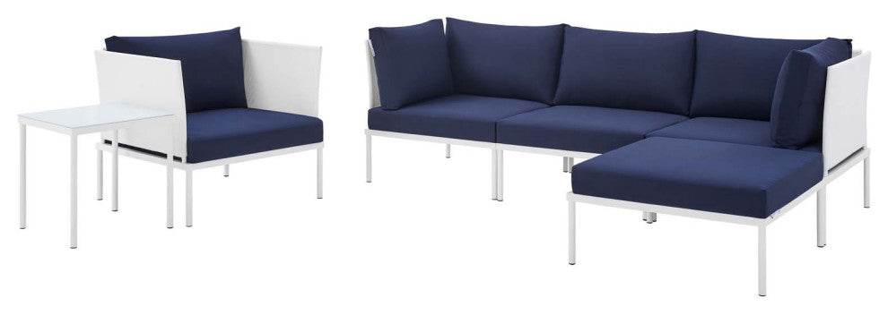 Sectional Sofa Chair Table Set, Sunbrella, Aluminum, White Blue Navy, Outdoor