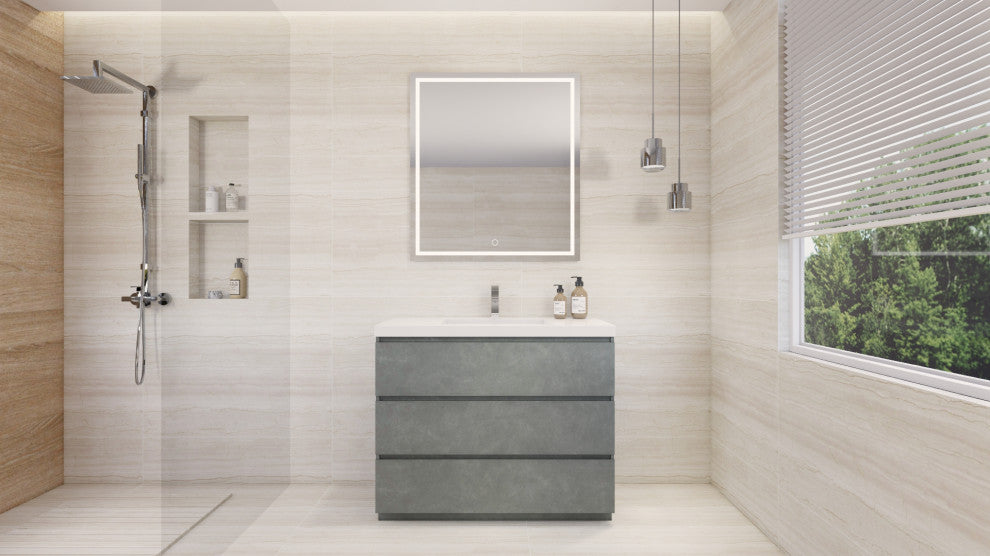 Alston 42" Free Standing Modern Vanity, Cement Gray, Glossy White Top