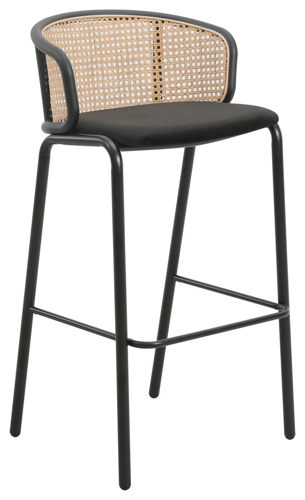 LeisureMod Ervilla Wicker Bar Stool With Black Powder Coated Frame, Black