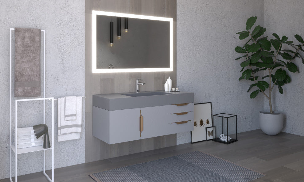 CastelloUSA Amazon 48" Wall Mounted Vanity Set, Gray, Gray Top, Gold Handles