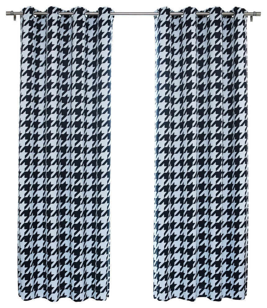 Oversize Houndstooth Printed Curtains, Pair, Black, 84"