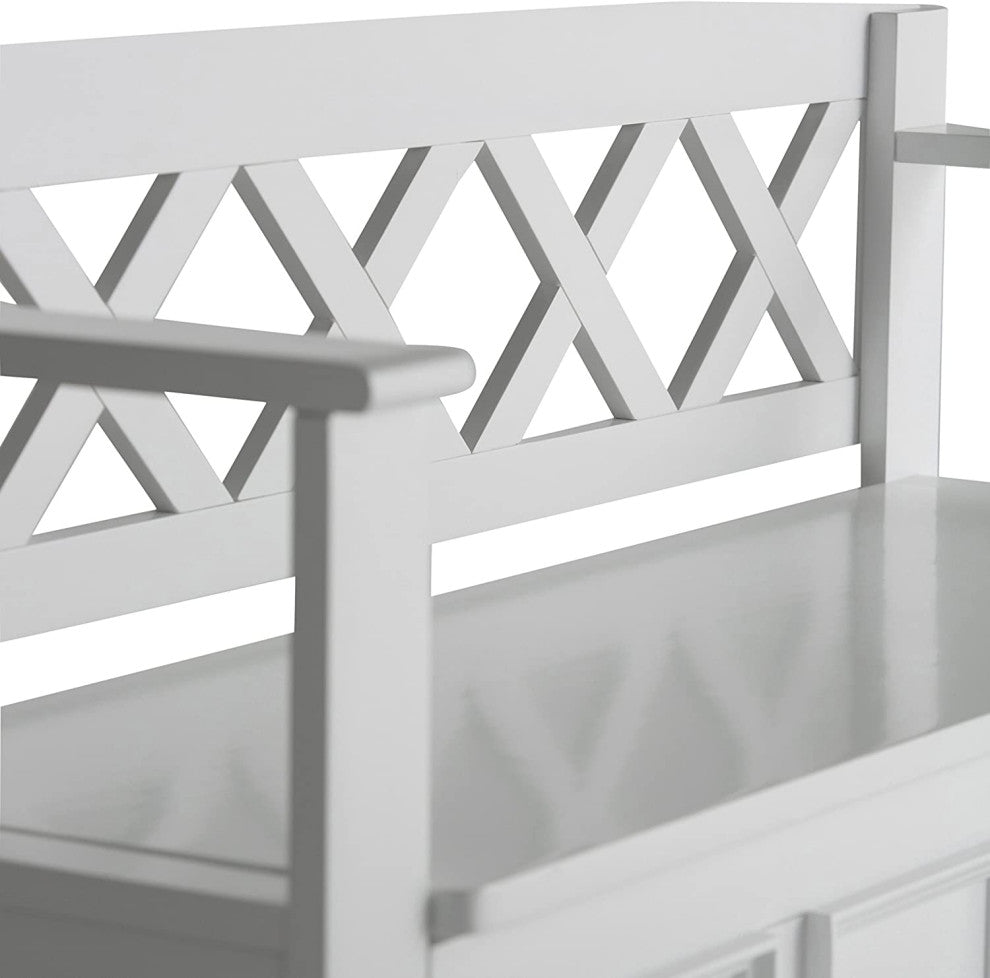 Transitional Storage Bench, X-Shaped Patterned Back and Raised Accents, White