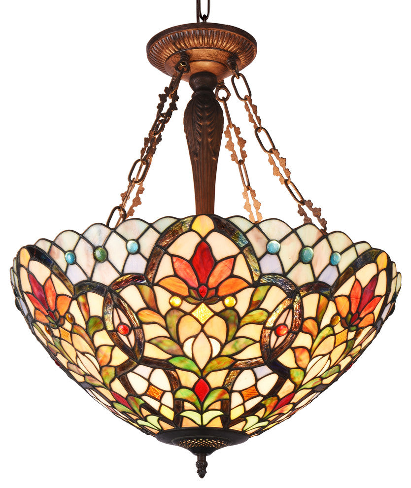 Ivana Tiffany Style 3-Light Floral Inverted Ceiling Pendant, 21" Shade