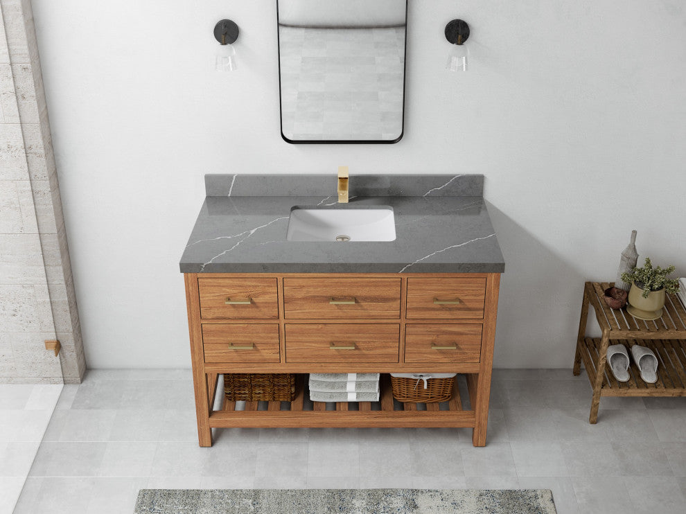 Parker Teak 48" Single Sink Bath Vanity in Golden Teak  2" Piatra Gray