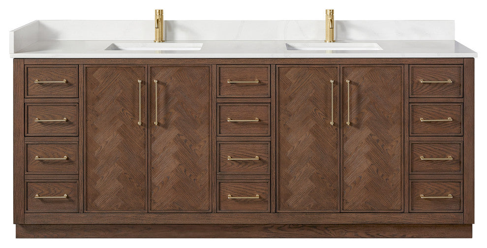 Jakarta Bath Vanity, Quartz Top No Mirror, Dark Brown Oak, 84", Double Vanity