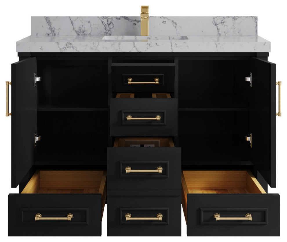 Aberdeen 48 Single Sink Bath Vanity in Black 2" Venatino Quartz