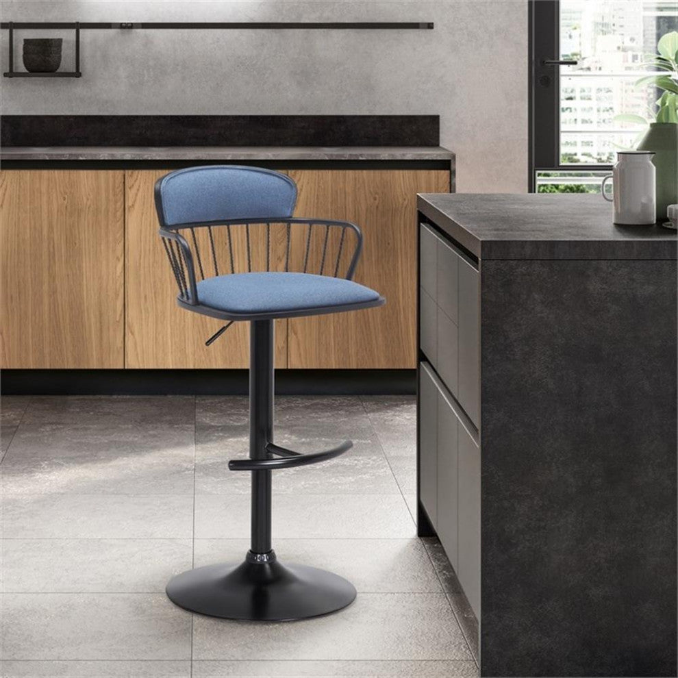 Armen Living Nash 33" Adjustable Wood & Fabric Bar Stool in Black/Blue