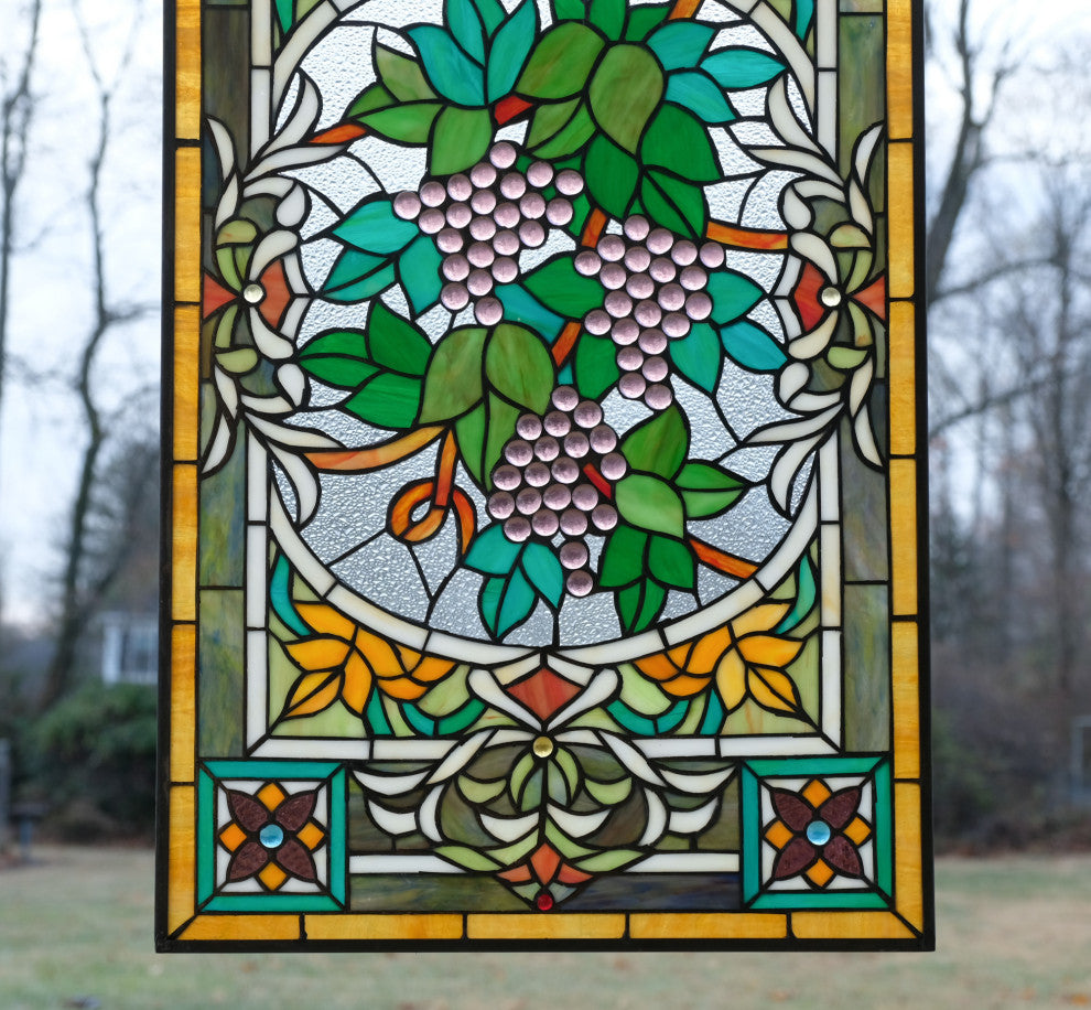20" x 33.75" Large Handcrafted glass window panel Grape W/ Vine