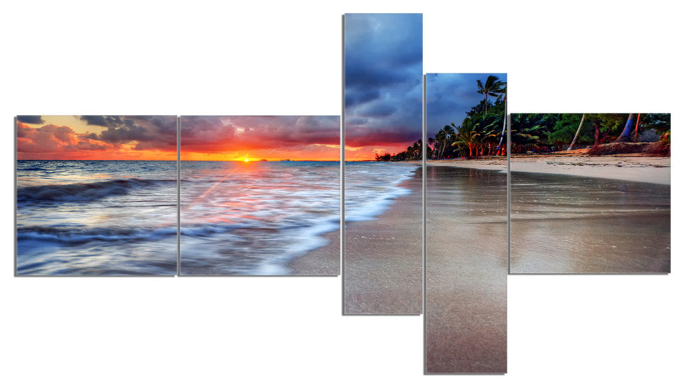 Fluffy Dark Clouds over Ocean, Seashore Canvas Art Print, 60"x32", 5 panels