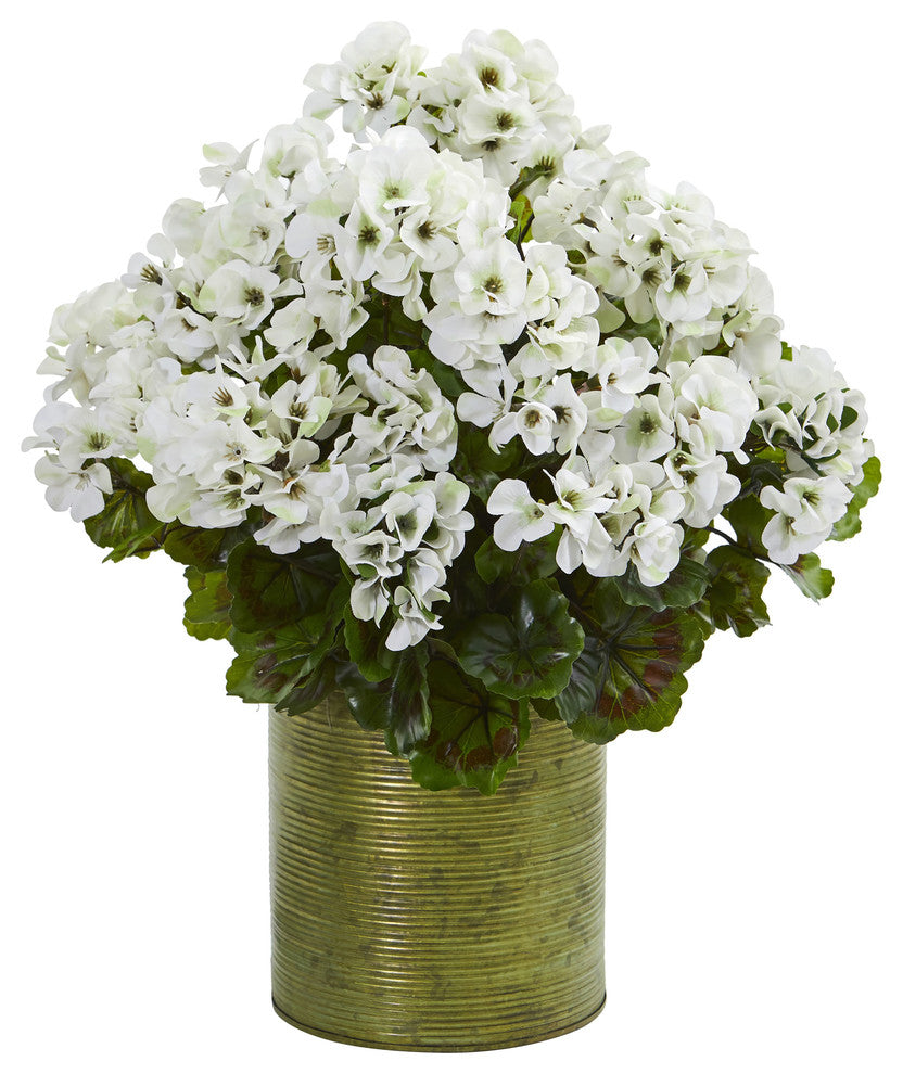 Geranium Artificial Plant in Metal Planter UV Resistant, Indoor/Outdoor, White