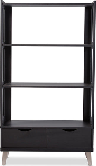 Kalien Dark Brown Wood Leaning Bookcase With Display Shelves and Two Drawers
