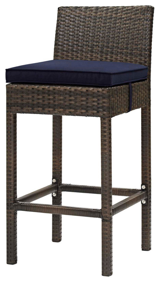 Modern Outdoor Bar Stool Chair, Set of Four, Fabric Rattan, Brown Navy Blue