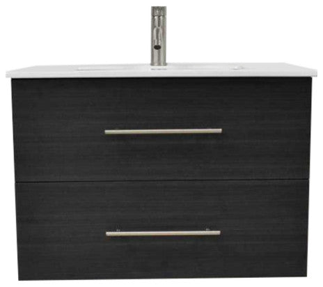 Napa 30" Modern Floating Bathroom Vanity With Ceramic Top and Round Handles, Black Ash