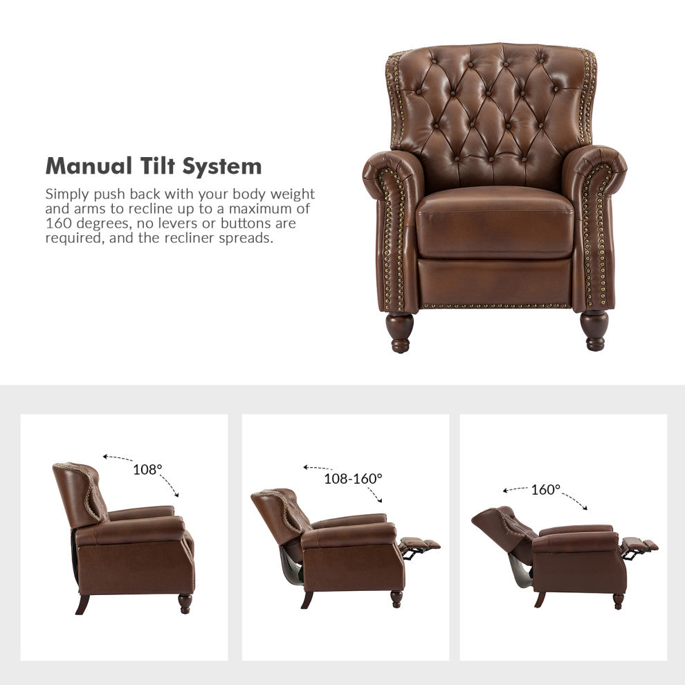 34.5"W Transitional Style Genuine Leather Recliner With Nailhead Trims, Brown