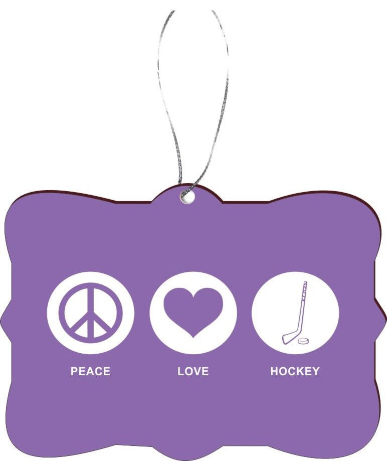 Peace Love Hockey Violet Color Design Rectangle Christmas Tree Ornament