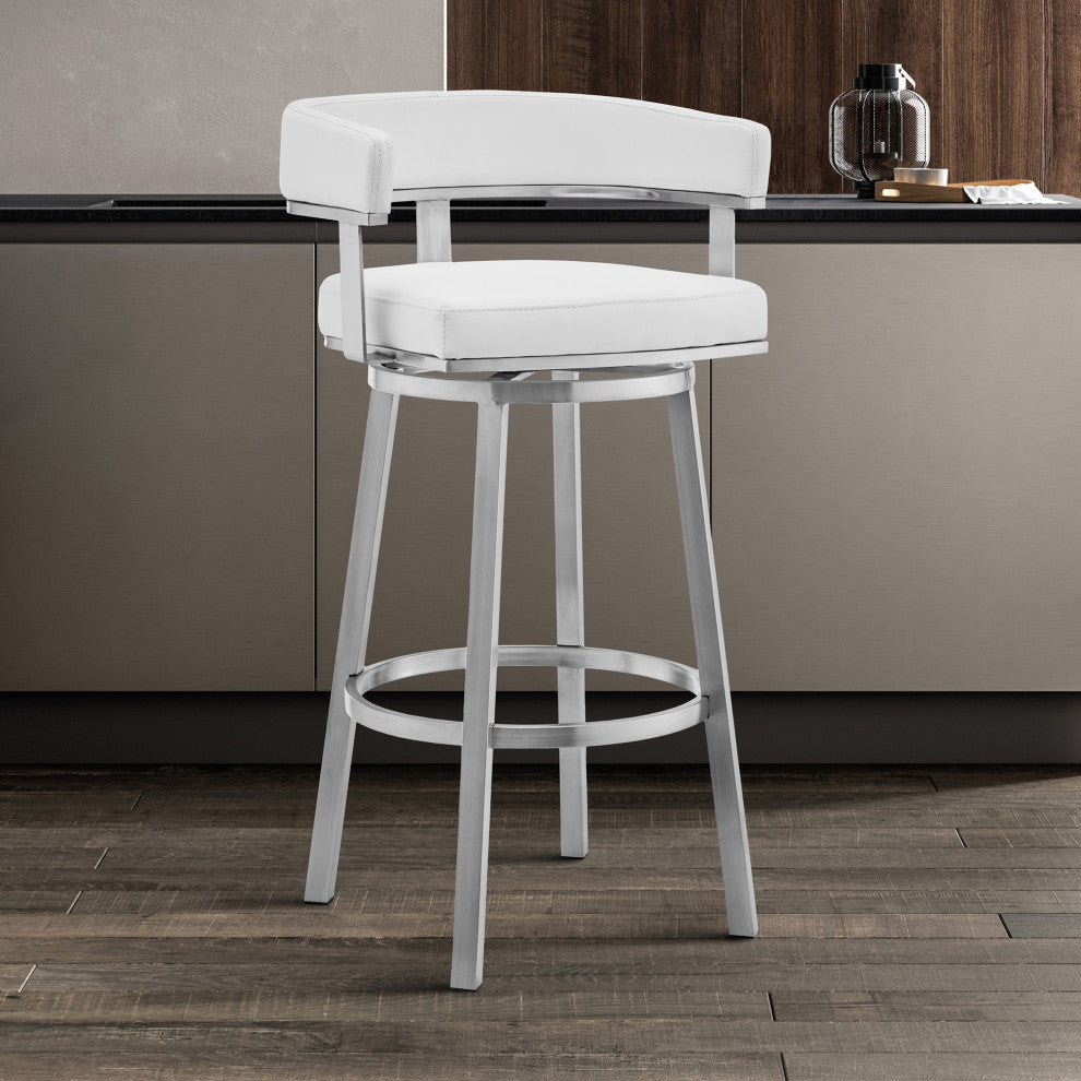 Cohen Swivel Bar Stool, Faux Leather, Brushed Stainless Steel and White, 30"