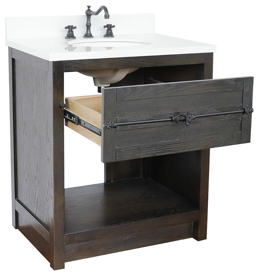 30" Single Vanity, Brown Ash, White Engineered Stone Top, Oval Sink