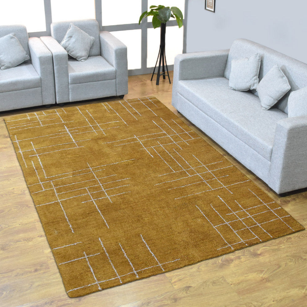 HAND KNOTTED LOOM SILK ECO-FRIENDLY RUGS-5'x8',Rectangle,Gold Beige,Contemporary
