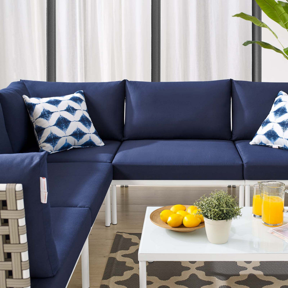 Lounge Sectional Sofa Chair Table Set, Sunbrella, Aluminum, Blue Navy, Outdoor