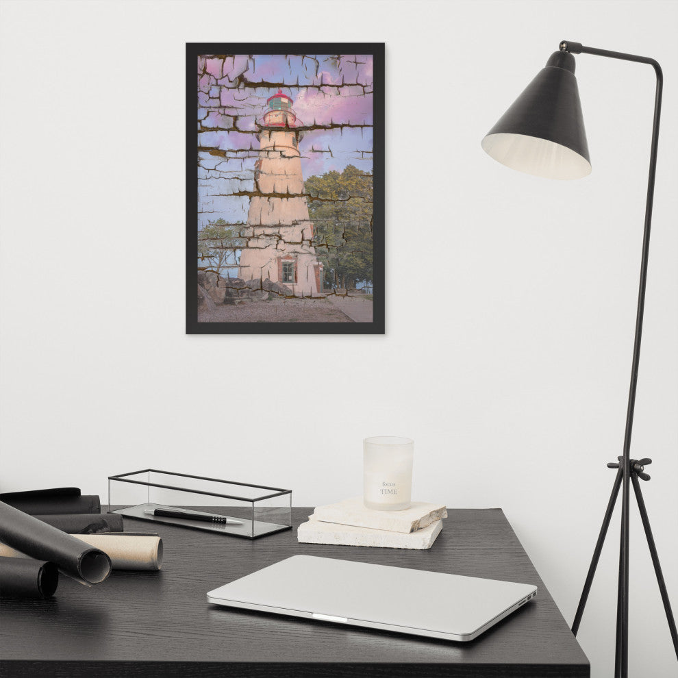 Faux Wood Texture Marblehead Lighthouse at Sunset Framed Photo Wall Art Print, Black, 12" X 18"