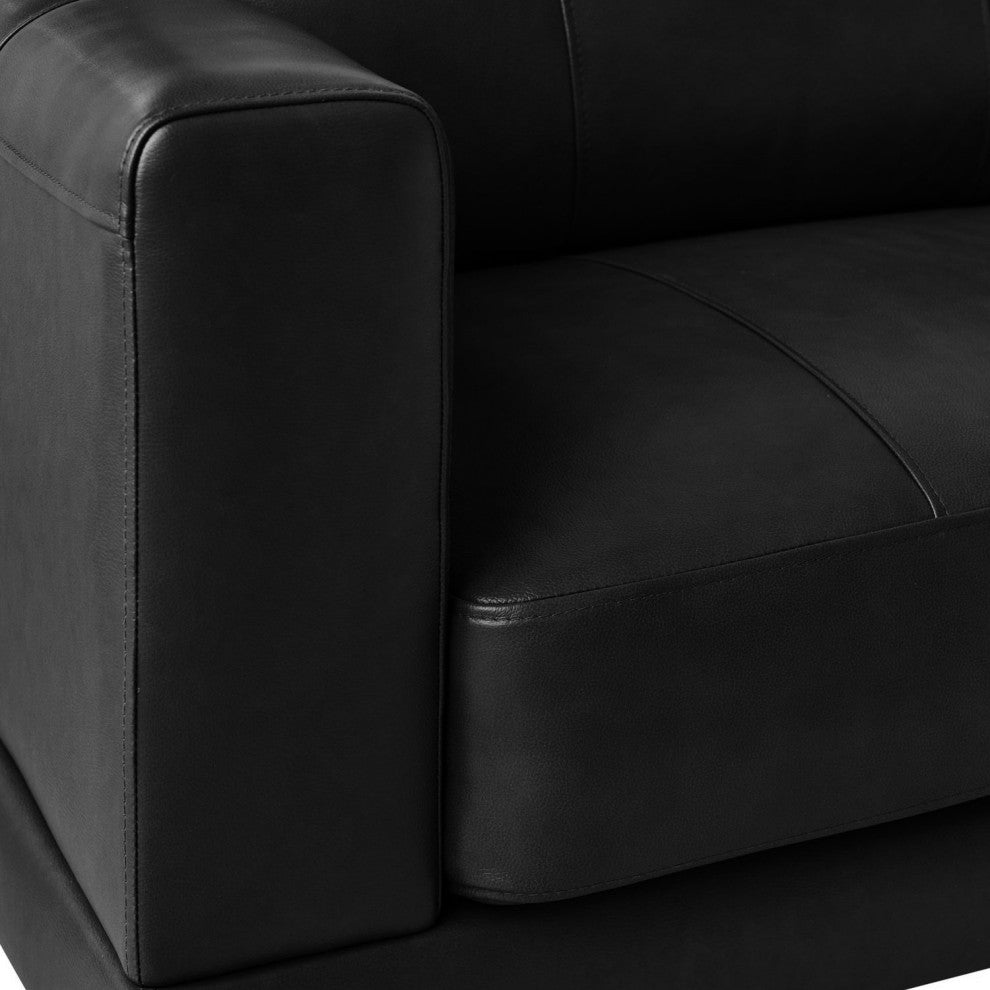 Modern Loveseat, Genuine Leather Upholstered Seat & Stitched Accents, Black