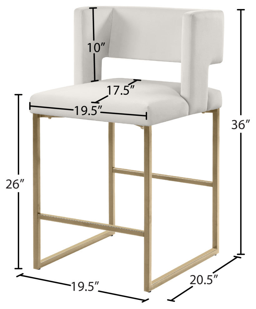 Caleb Upholstered Counter Stool, Set of 2, Cream, Velvet, Brushed Gold