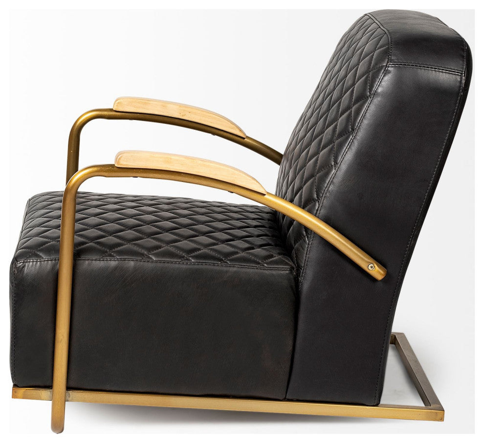 Black Leather Diamond Pattern Gold Club Chair