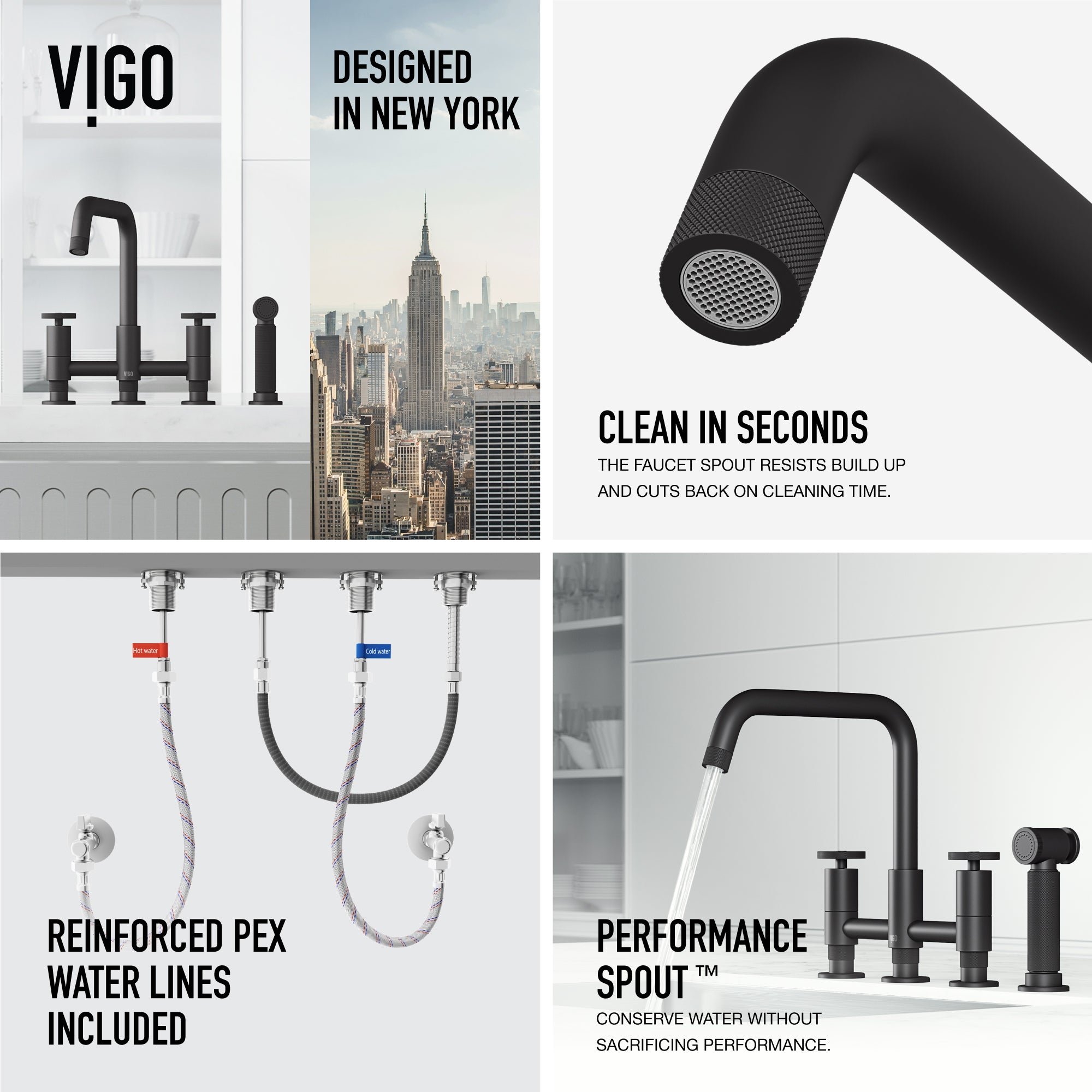 VIGO Cass 12" H 2-Handle Widespread Bridge Pull-Out Sprayer Kitchen Faucet, Matte Black