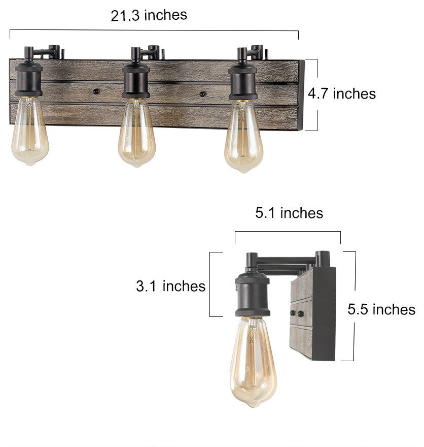 LNC 3-Light Industrial Farmhouse Wall Light, Exposed Bulbs, Wood Backplate