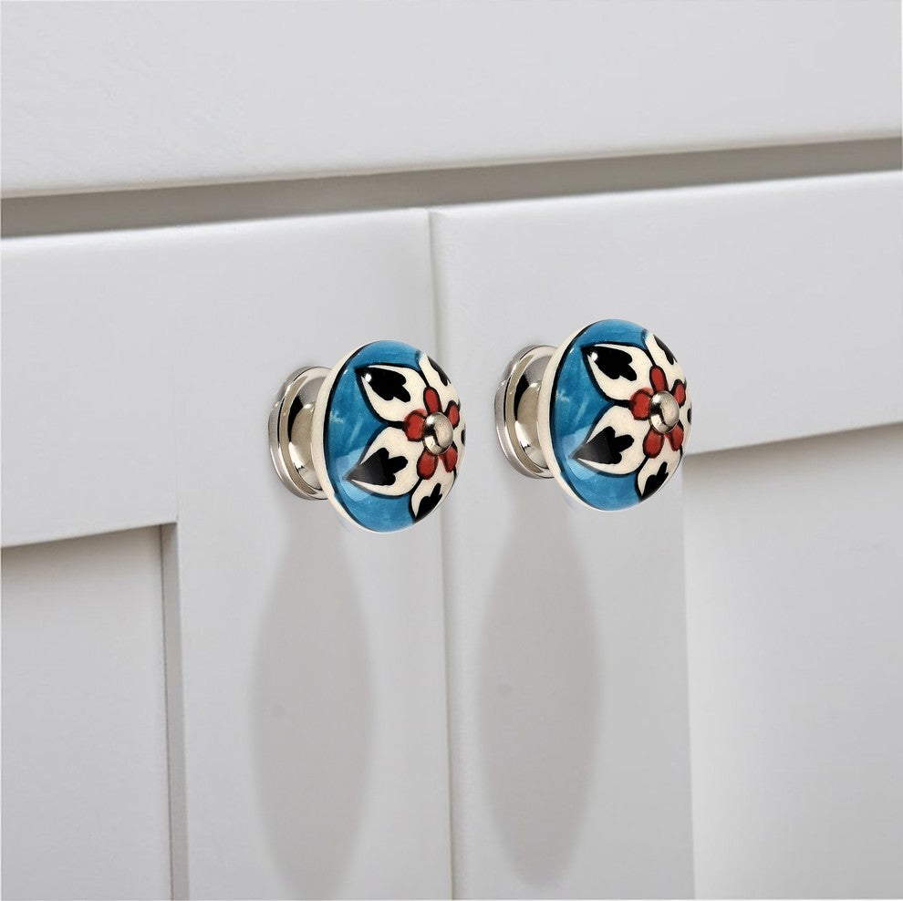Flower 1-5/8", 42mm,  Blue and Multicolor Cabinet Knob, Pack of 5