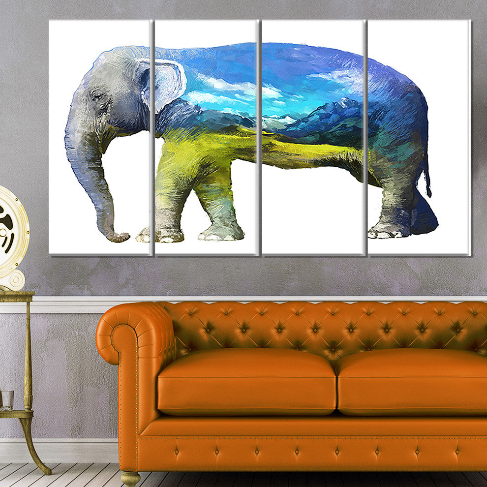 Elephant Double Exposure Illustration, Animal Canvas Print, 48"x28", 4 Panels