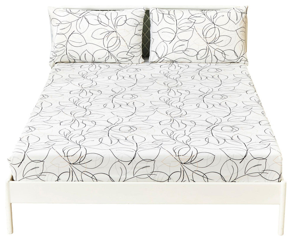 Tache Modern Leaf Foliage Abstract White Grey Black Bottom Fitted Sheet, Cal Kin