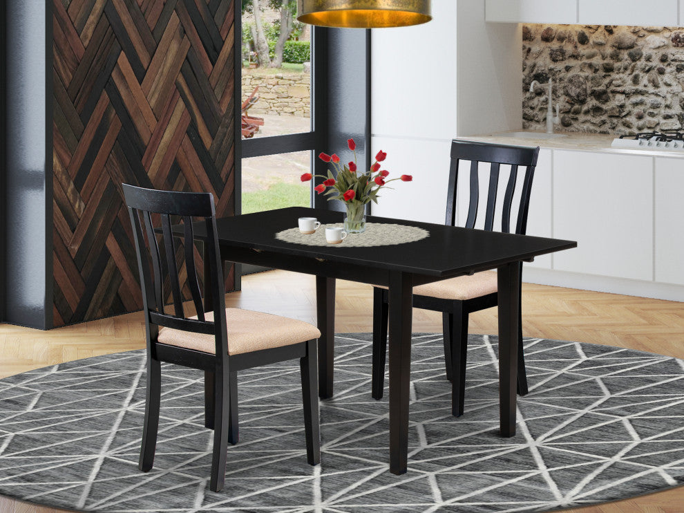 3-PieceWood Dining Table Set 2 Wood Chairs, Butterfly Leaf Kitchen Table, Black