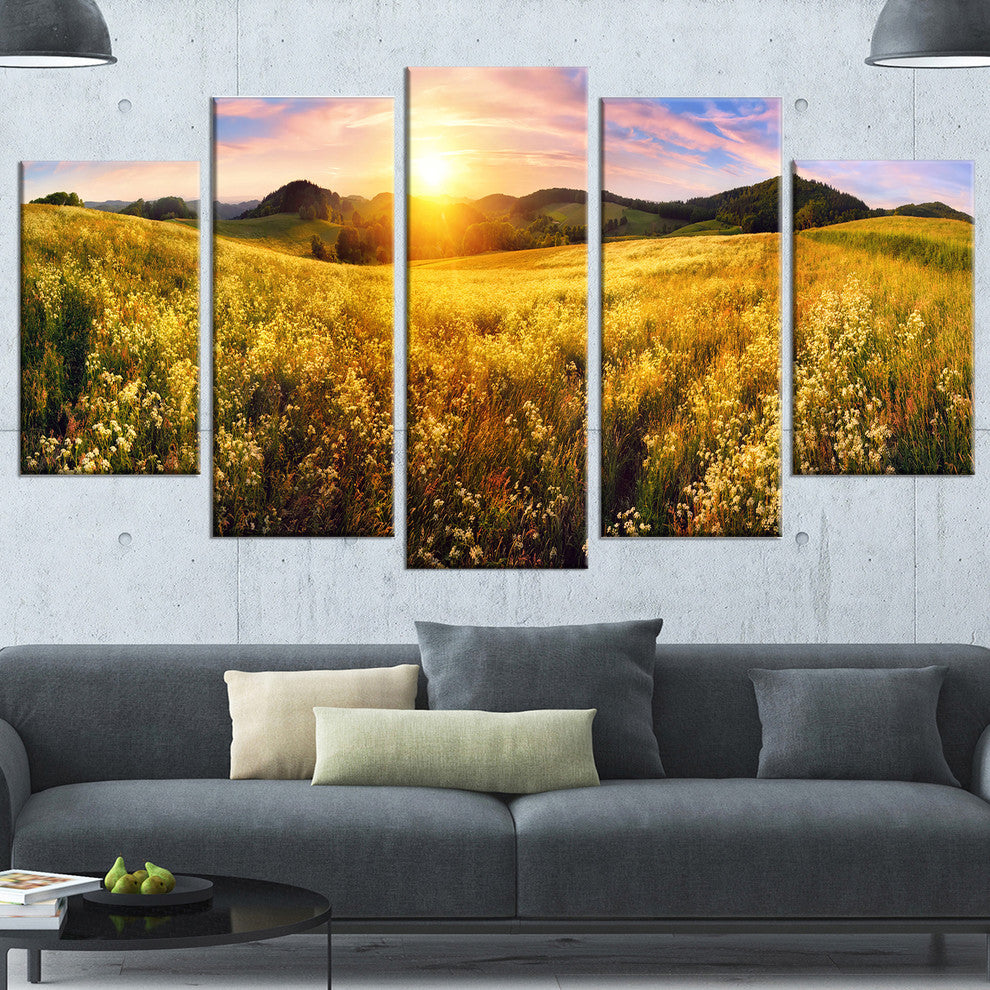 Beautiful Meadow Panorama, Landscape Canvas Art Print, 60"x32", 5 Panels