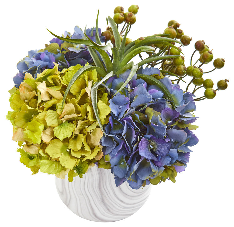 Hydrangea & Berries Artificial Arrangement in Marble Finished Vase Blue