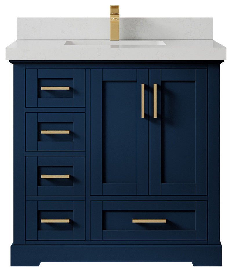 Boston 36 Center Sink Bath Vanity in Navy Blue 2" Carrara Quartz