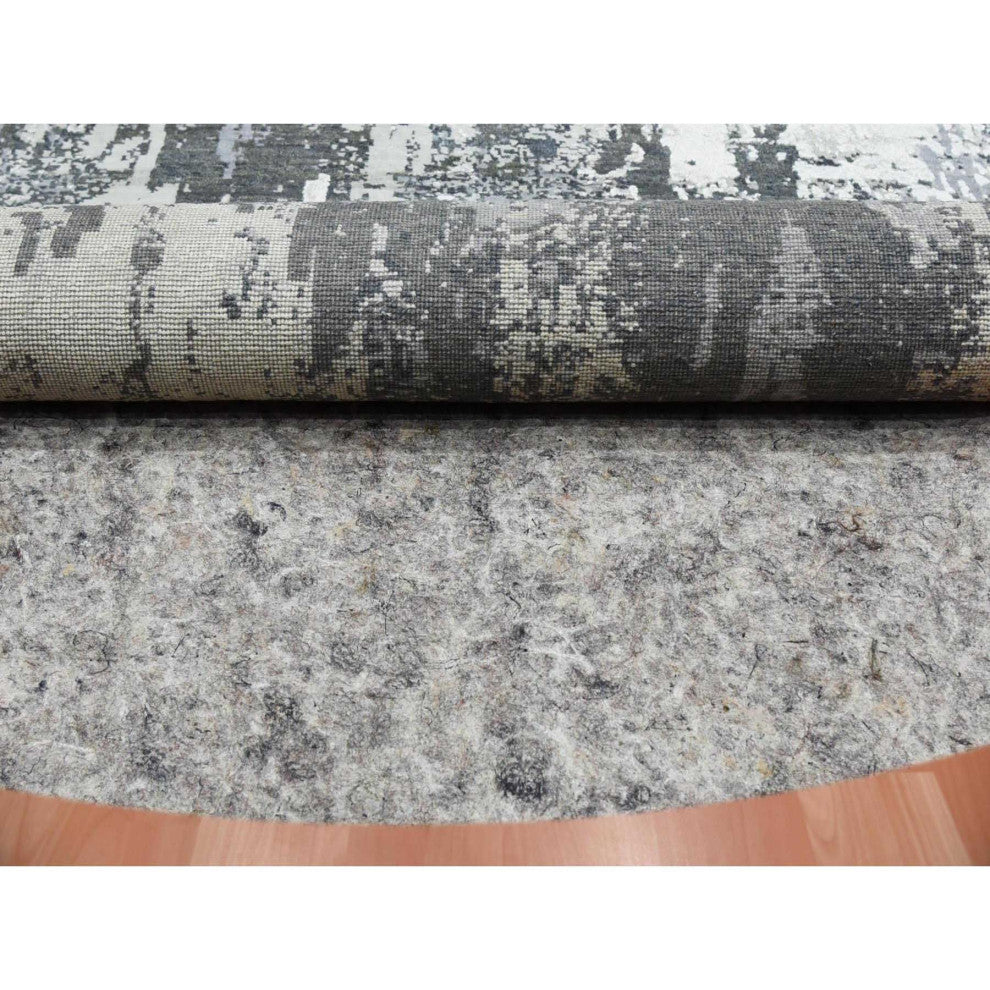 Charcoal Gray Wool and Silk Denser Weave Hand Knotted Round Rug, 8'2"x8'2"