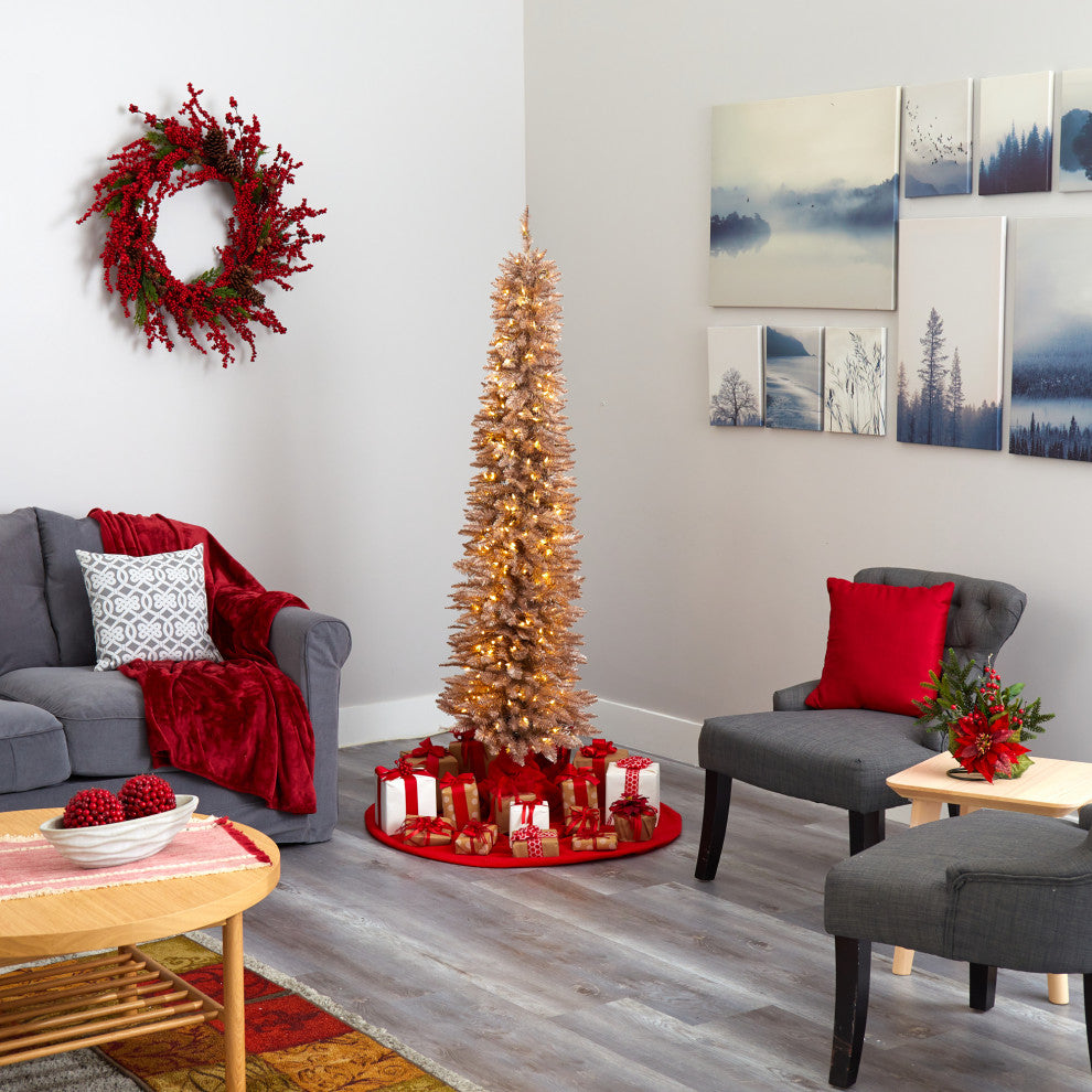 6' Champagne Pencil Faux Xmas Tree W/ Multifunction Lights & Bendable Branches