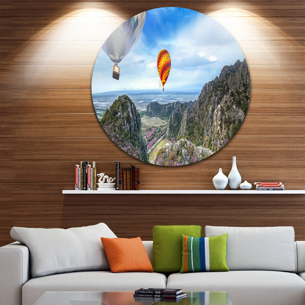 Mountains And Balloon Landscape, Photo Disc Metal Artwork, 38"