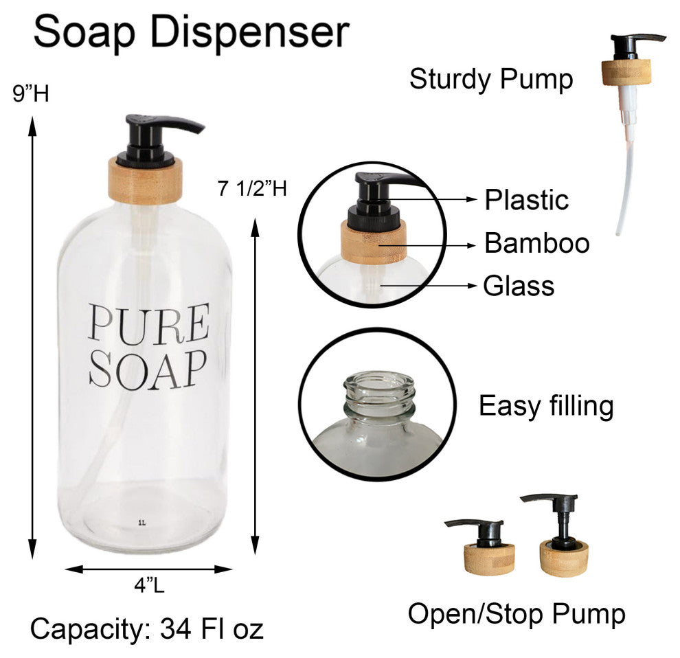 Glass and Bamboo Soap Dispenser Pure Soap, 34 fl oz
