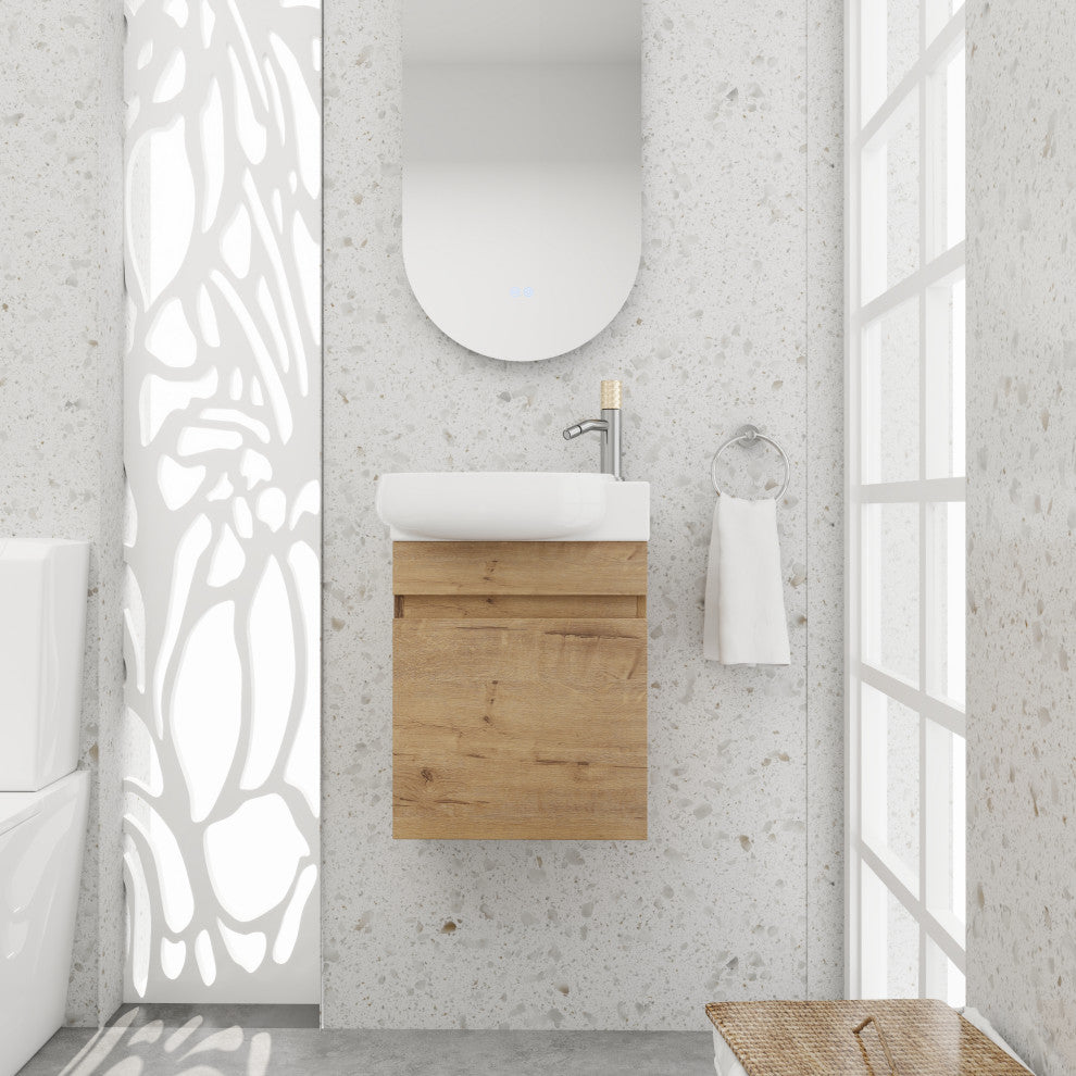 BNK 16 Inch Floating Bathroom Vanity With Sink, With 1 Soft Closing Door, Imitative Oak