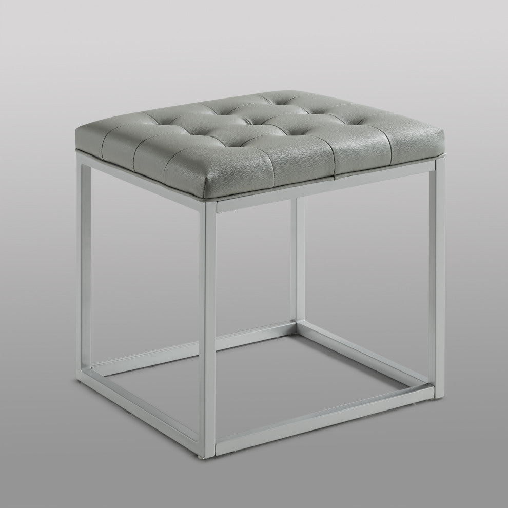 Teresa PU Leather Button Tufted Metal Frame Cube Ottoman, Gray